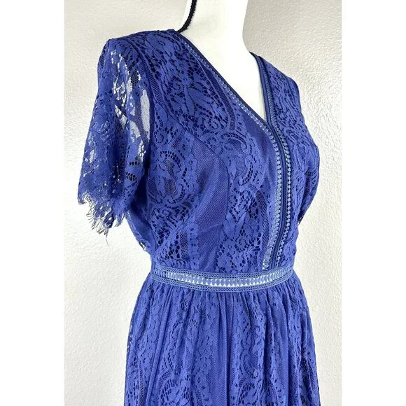 Merokeety Maxi Dress Lace Overlay Indigo Blue Boho Crochet Fringe Knit V Neck L - Picture 7 of 16